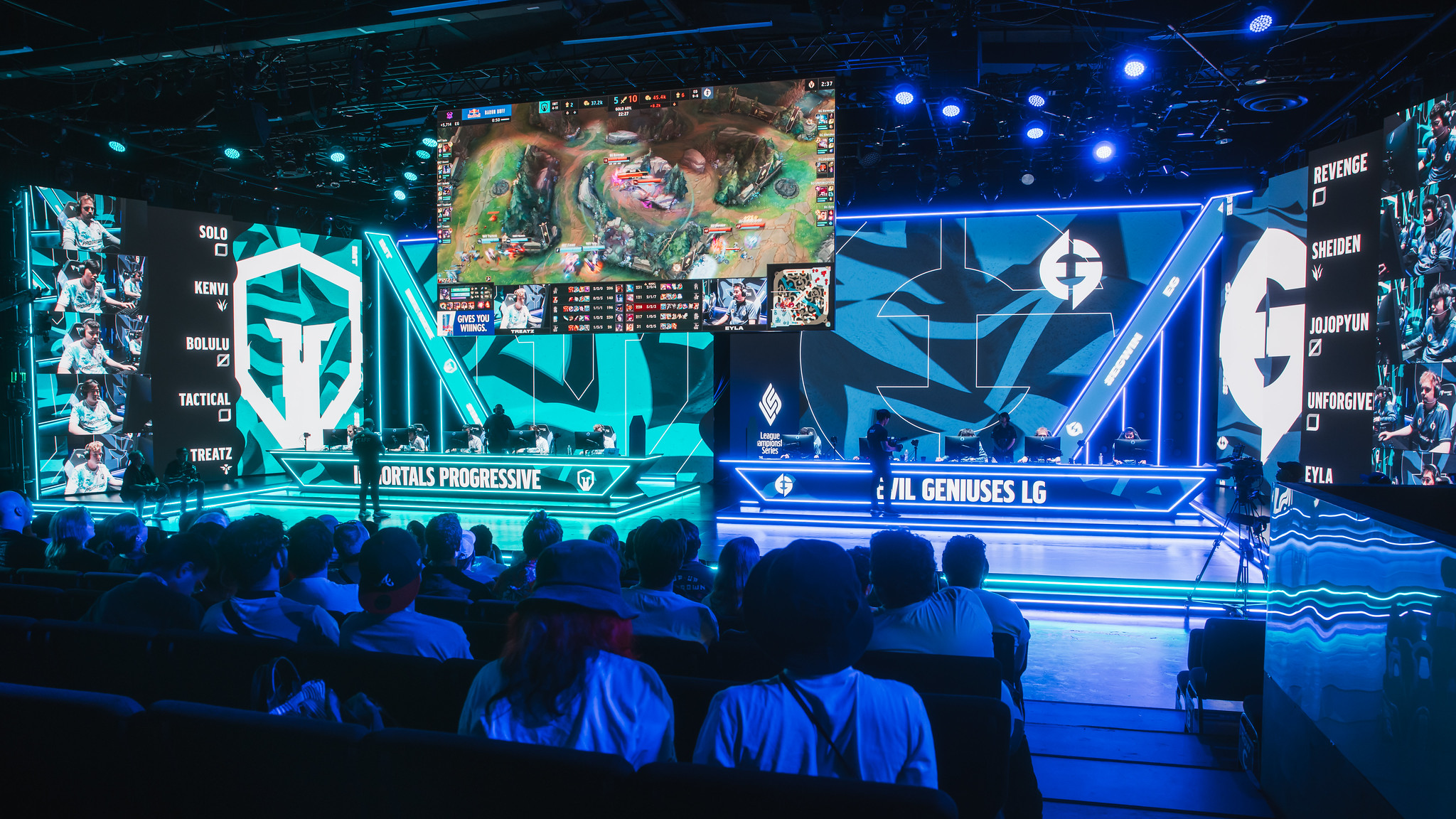 Immortals and EG compete in the LCS Studio 2023
