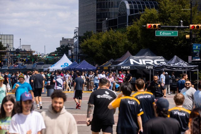 Fans congregate outside the Prudential Center in Newark ahead of the 2023 LCS Finals