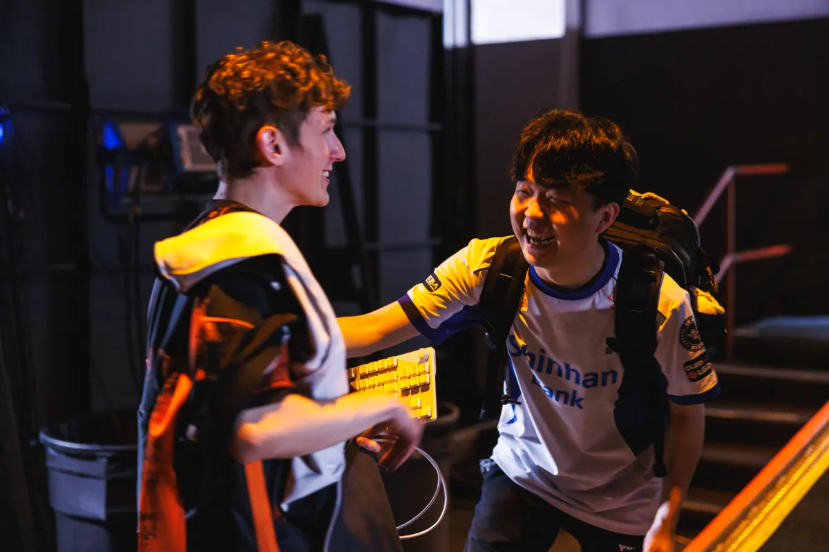 Jake "Boaster" Howlett of Fnatic (L) and Kim "stax" Gu-taek of DRX are seen backstage at VALORANT Champions Los Angeles Playoffs Stage at the Shrine Expo Hall in Los Angeles, California.