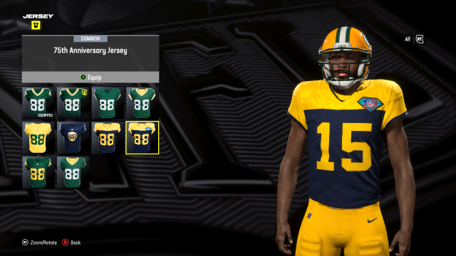 A custom player in Madden 24 wearing the Green Bay Packers 75th anniversary jersey.