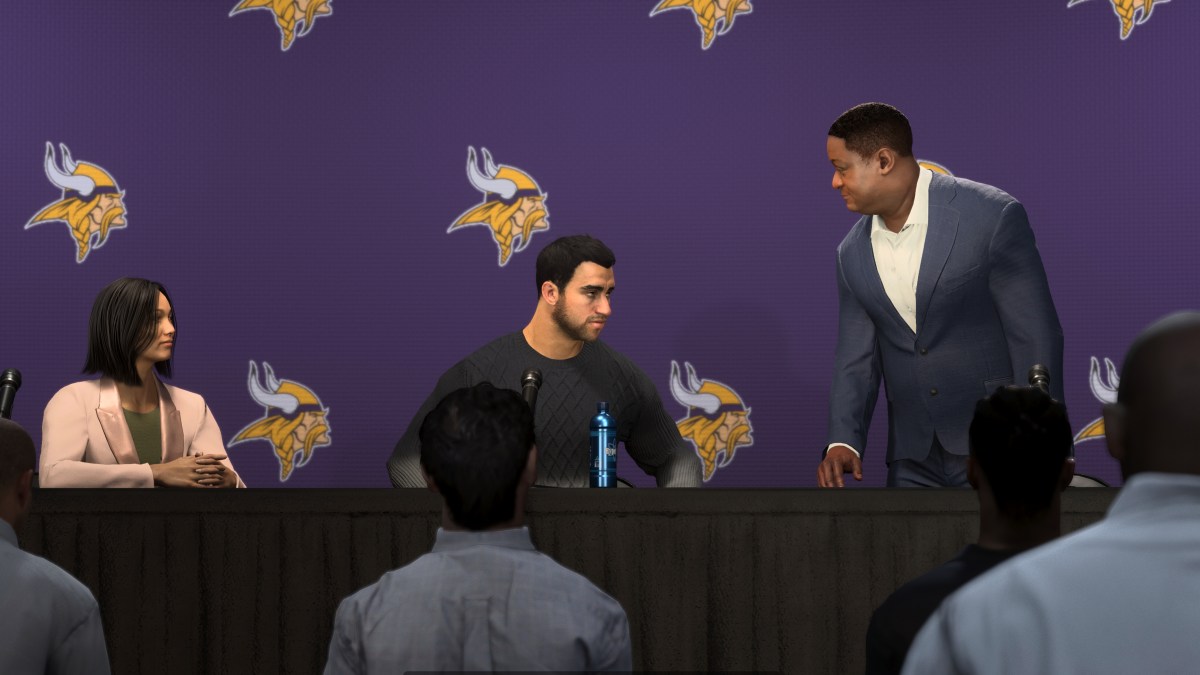 A player in Superstar mode in Madden 24 at a Vikings press conference.