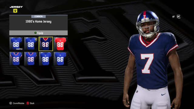 A custom player in Madden 24 wearing the New York Giants 1980 Jersey.