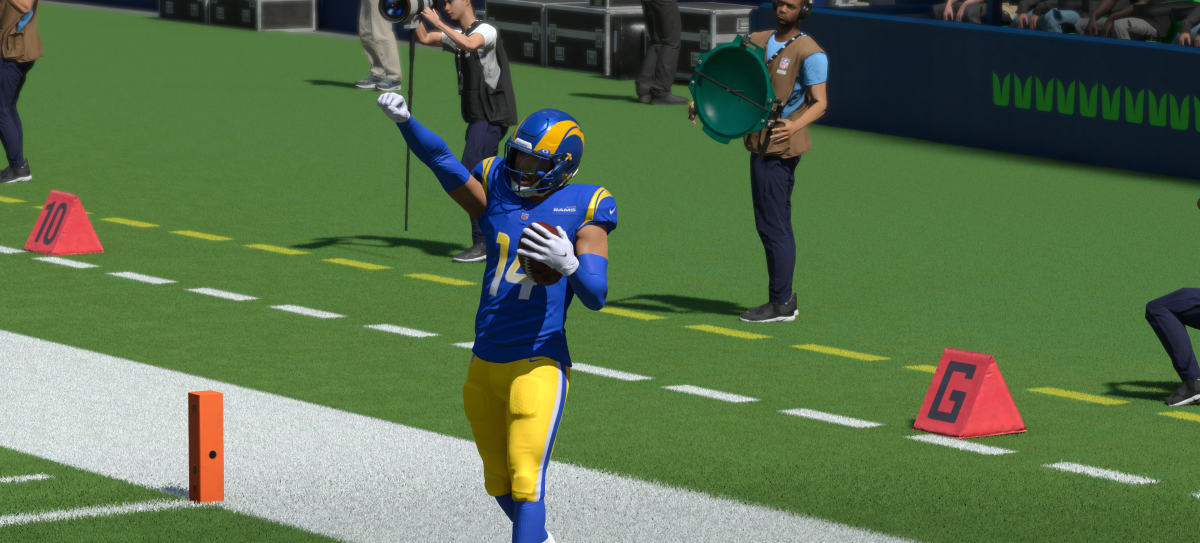 A player in Madden 24 Ultimate Team celebrates a touchdown in the LA Rams jersey.