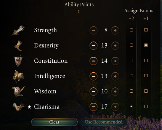 Image displaying the ability score menu in Baldur's Gate 3.