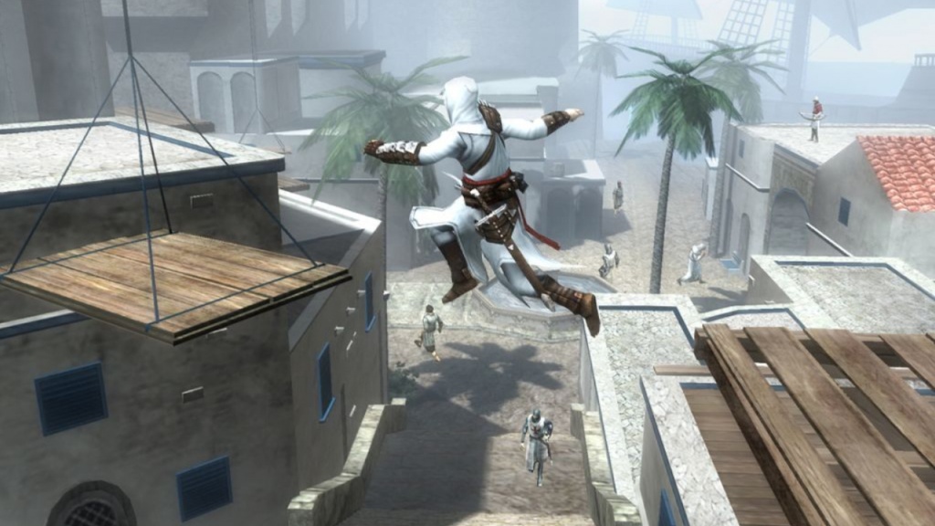 Altair is jumping from one rooftop to another from right to left. 