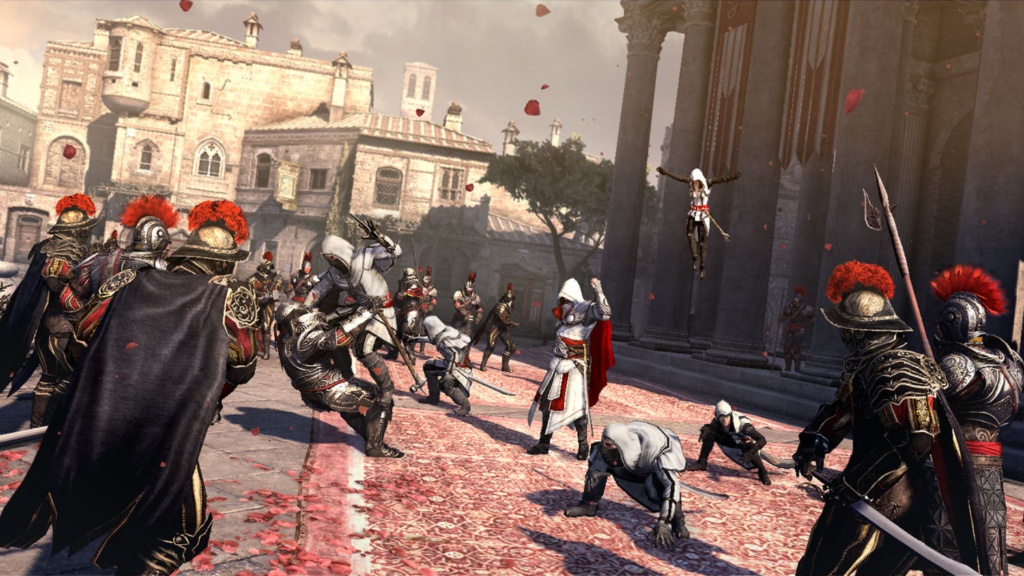 Ezio stand firmly with his arm up signaling other assassin's to strike and they do.