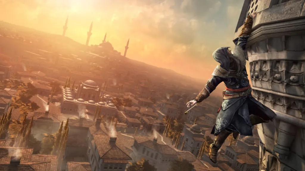 Black attire Ezio dangles from building while a sunset is taking part in the background.