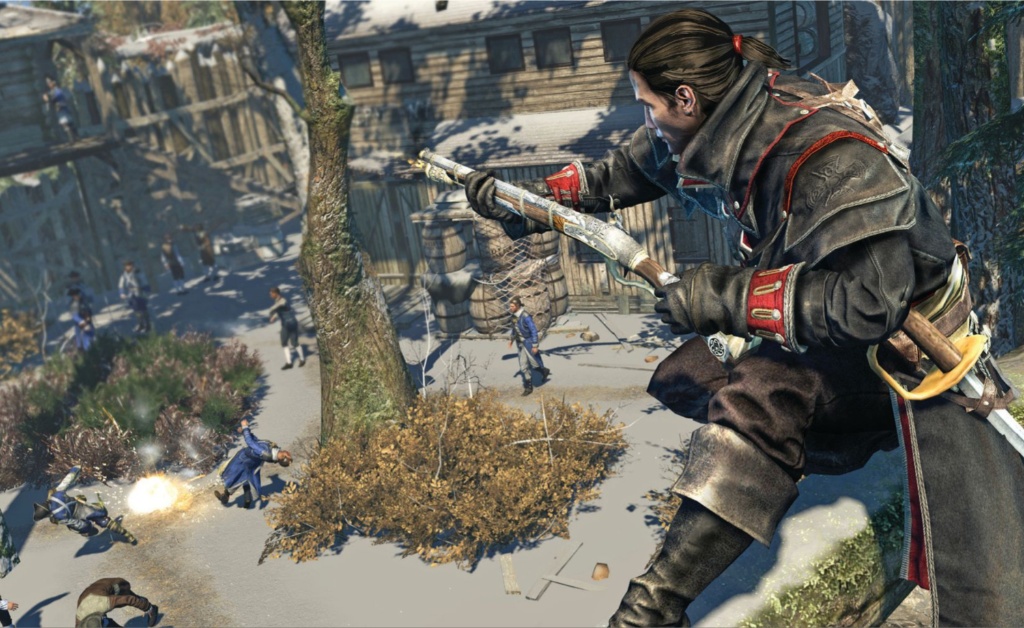 Assassin's Creed Rogue's protagonist, Shay Cormac, squats on a rooftop and aims towards a group of enemies below as a small explosive goes off