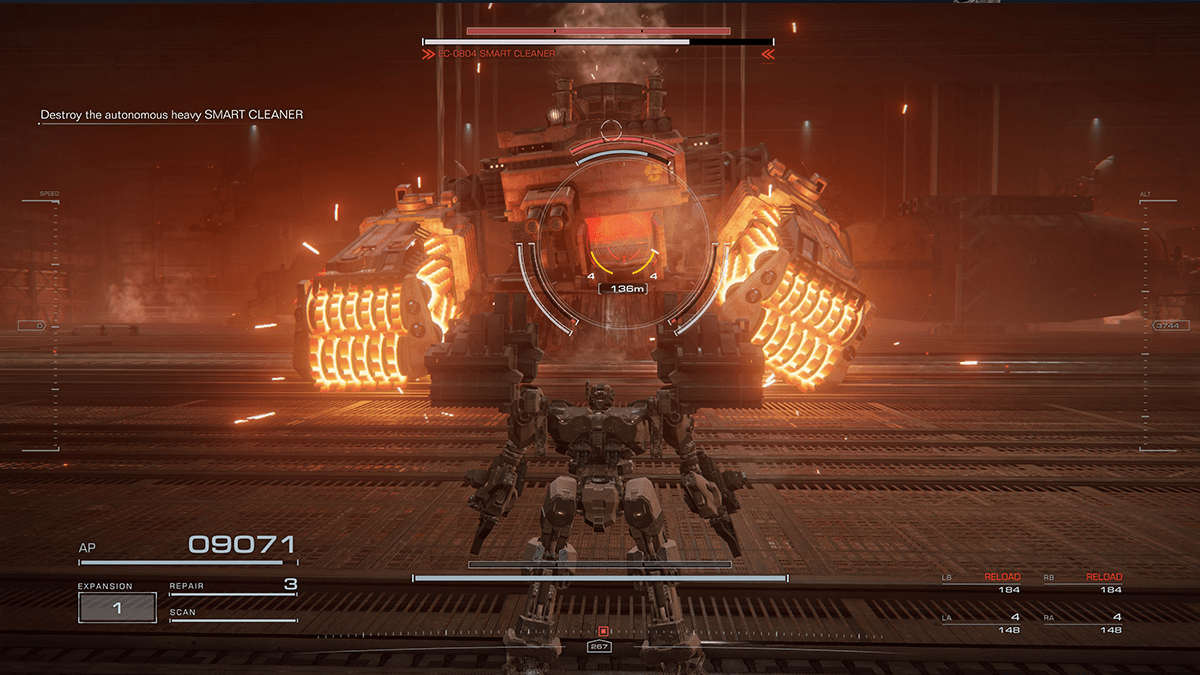 A giant mech with glowing orange arms charges forward in Armored Core 6.