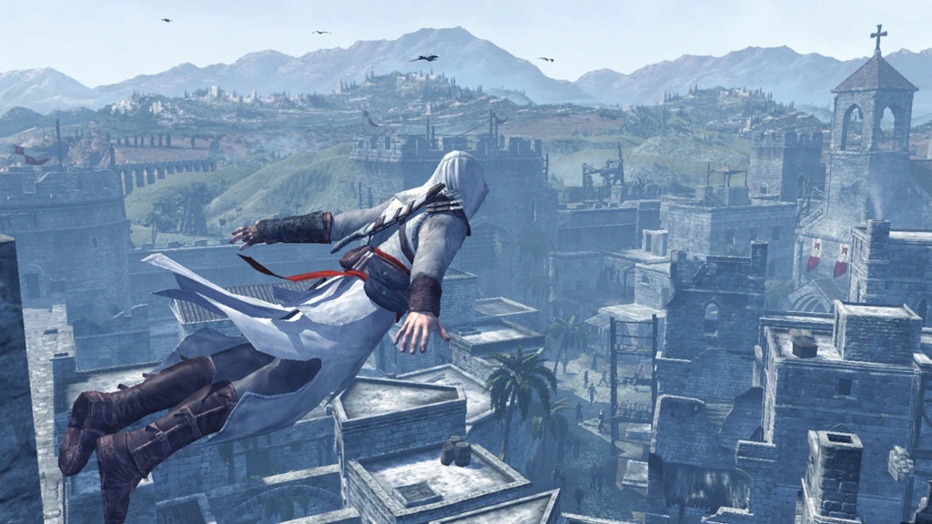 Altair jumps from a rooftop taking part in the iconic Leap of Faith leap. 