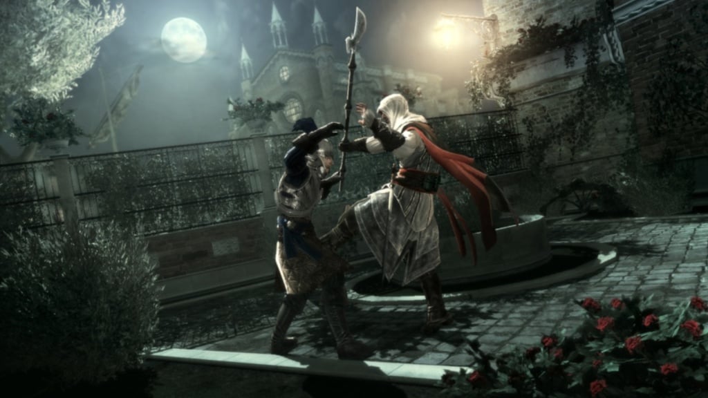 White garb Ezio fights a single spearman in the dark of night with the moon shining bright in the background. 
