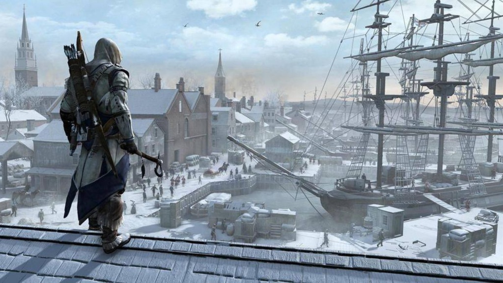 Connor overlooks a snowy harbor filled with a boat and men as he wields his axe atop a rooftop. 