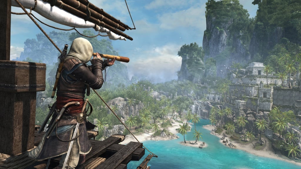 Edward Kenway atop his boat's nest uses his telescope to look at a nearby island in the ocean.