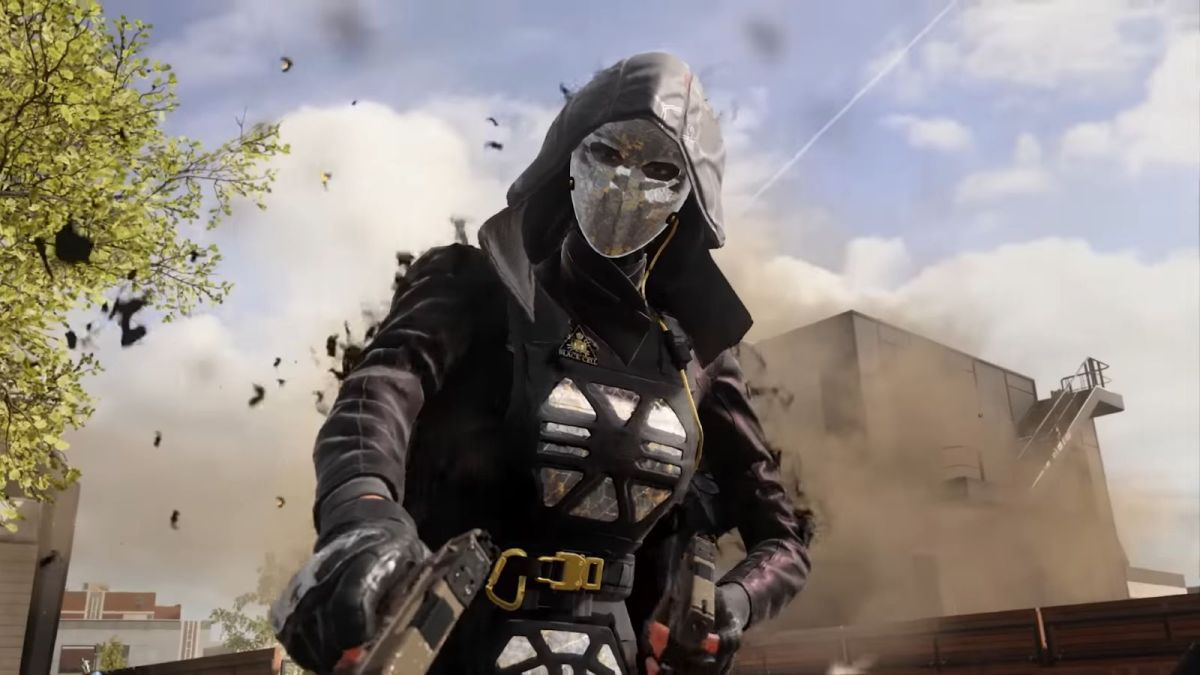 Image showcases a character outfit in Call of Duty: Modern Warfare II standing in front of the viewpoint of a camera looking down ominously. A silver plated armor is on show with an equally silver mask shrouded by a hood.