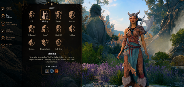 Image displaying the race options in the character creation menu from Baldur's Gate 3.