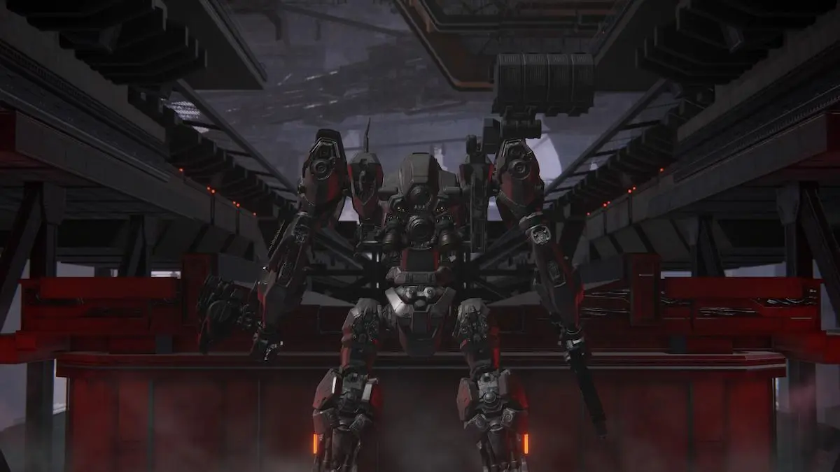 A mech unit all in black prepares for battle in Armored Core 6.