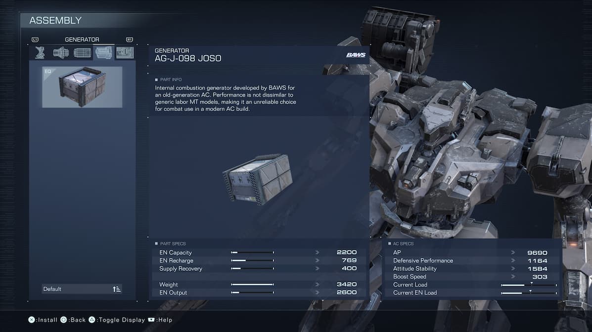 armored core assembly screen showing a new generator the player is considering for purchase