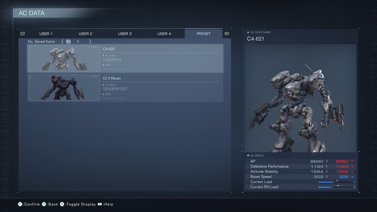 the preset menu in armored core showing g13 raven and c4-621 AC builds
