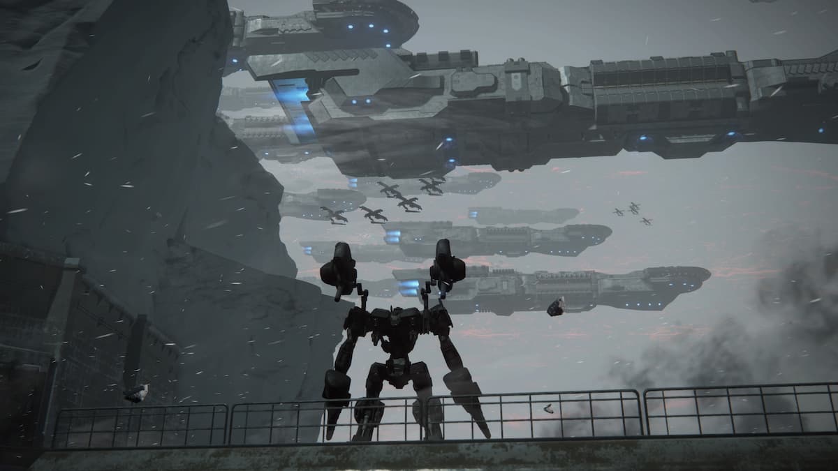 an armored core stands and watches as several PCA warships dominate the sky