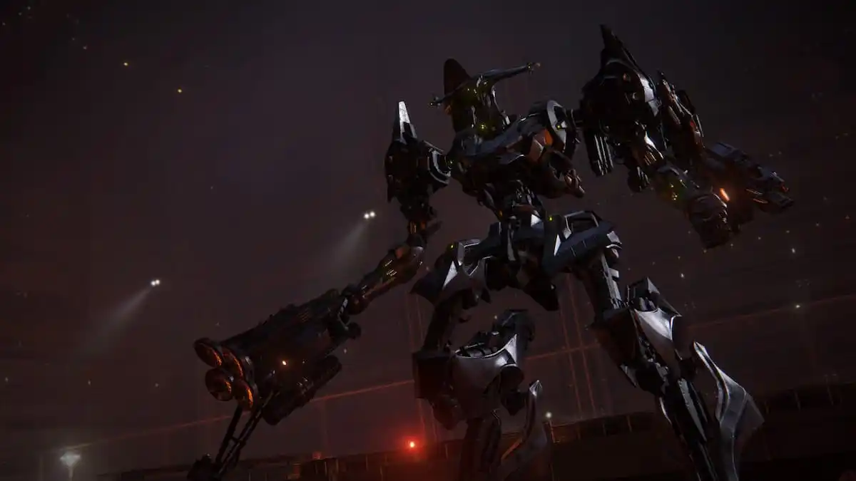 A terrifying Armored Core equipped with a pulse cannon and pulse sword in Armored Core 6.
