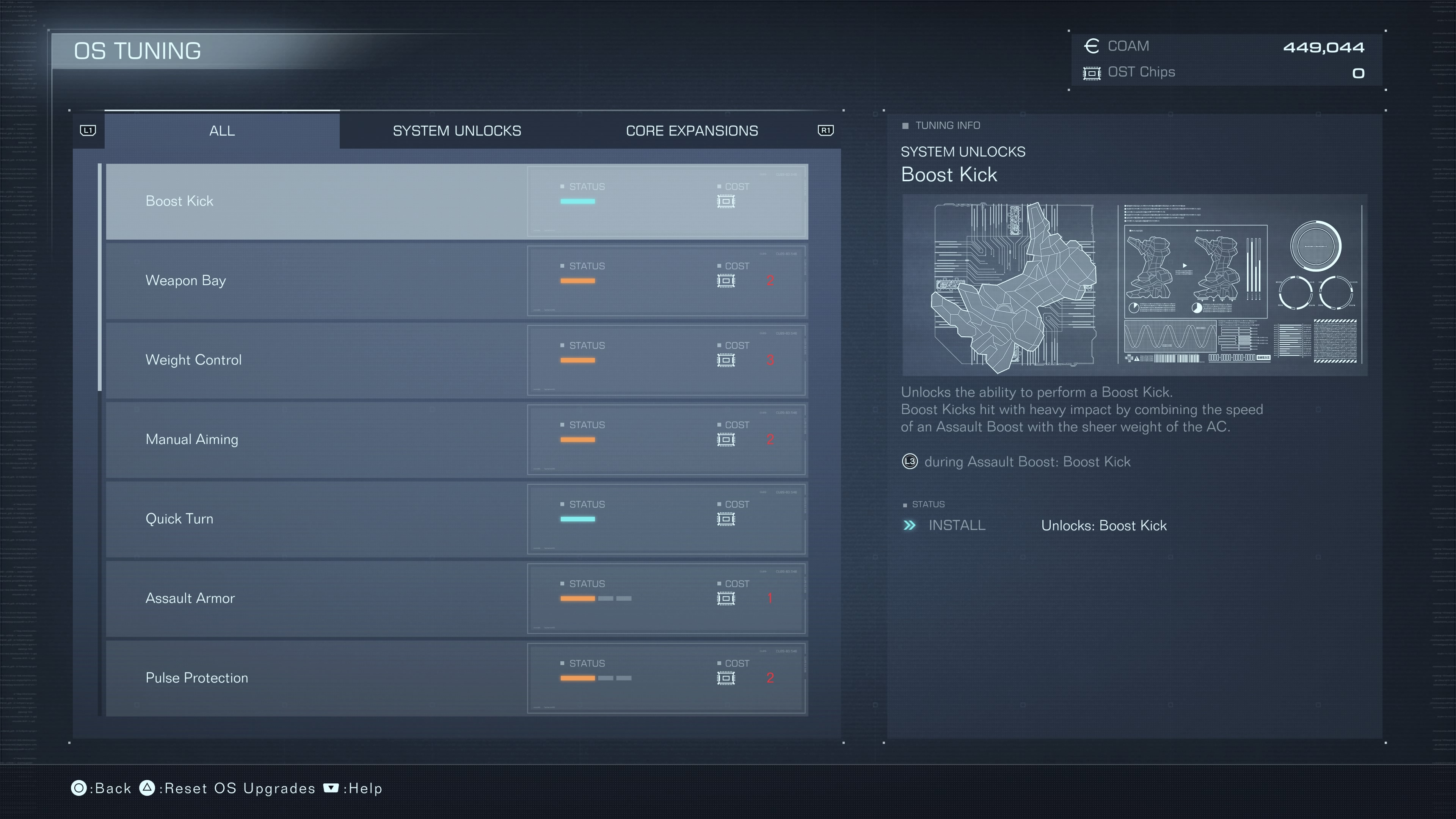 An upgrade menu screen for Armored Core 6