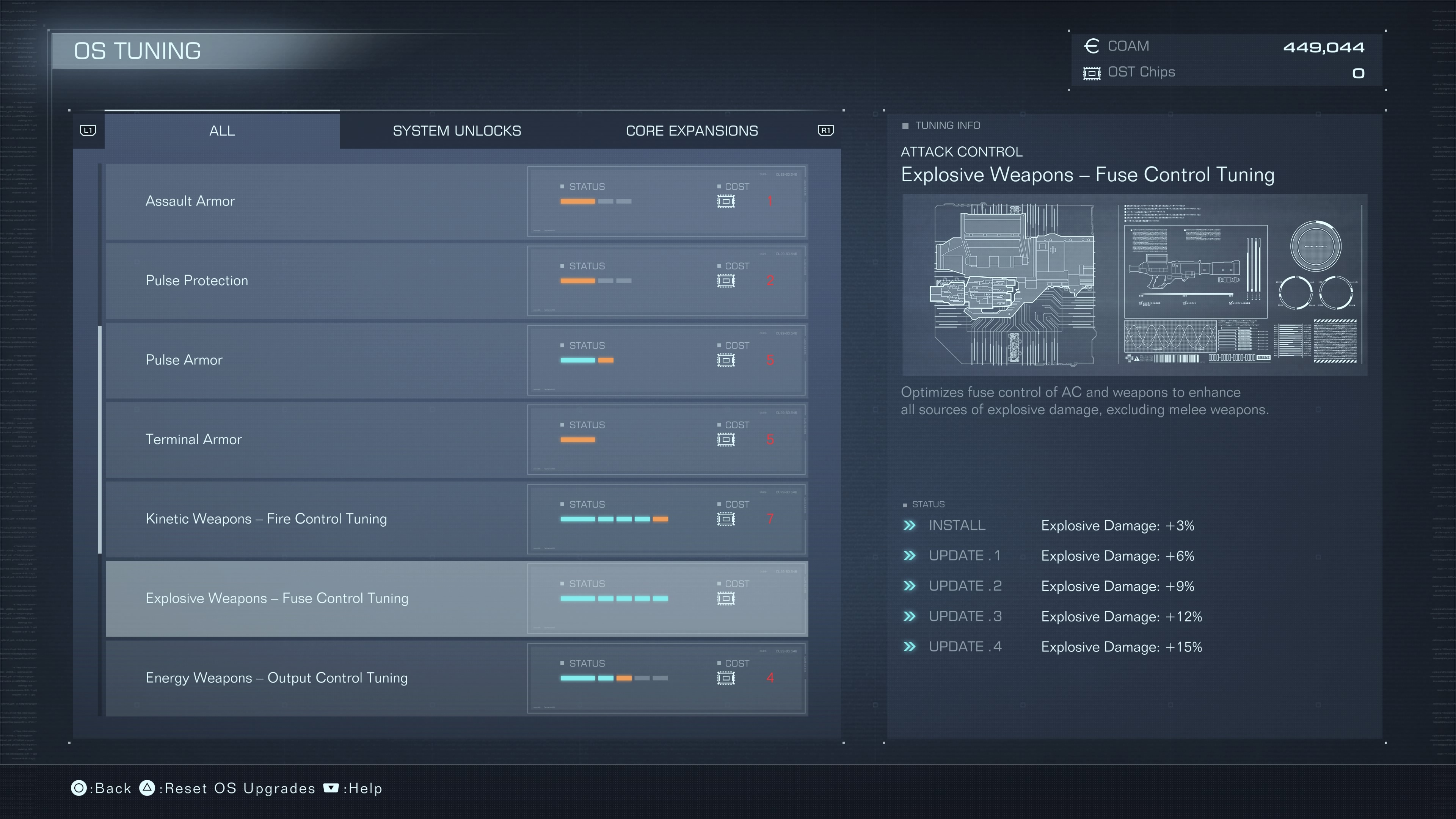 An upgrade menu screen for Armored Core 6