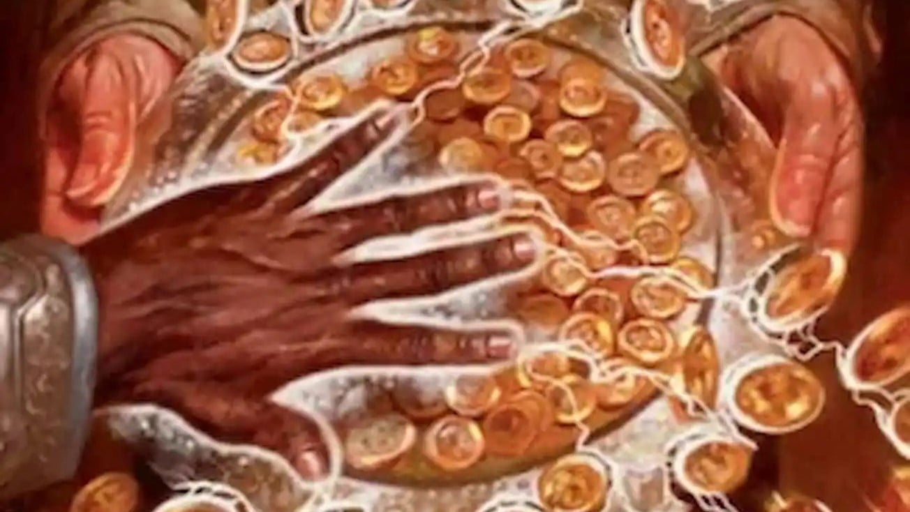 Image of hand over coins, from Smothering Tithe MTG card in Commander Masters set