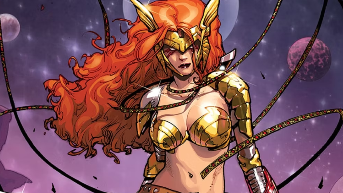Angela in the comics, posing with her gold armor