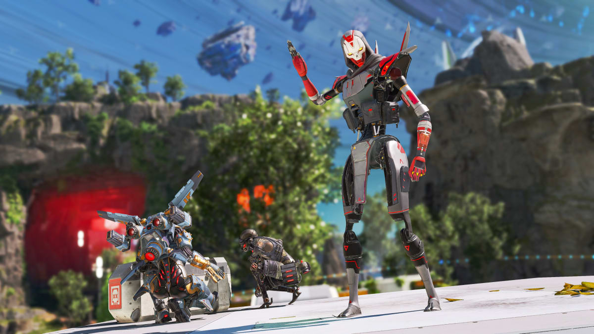 Revenant stands over a deathbox in his new rework skin while teammates Valkyrie and Octane loot it.
