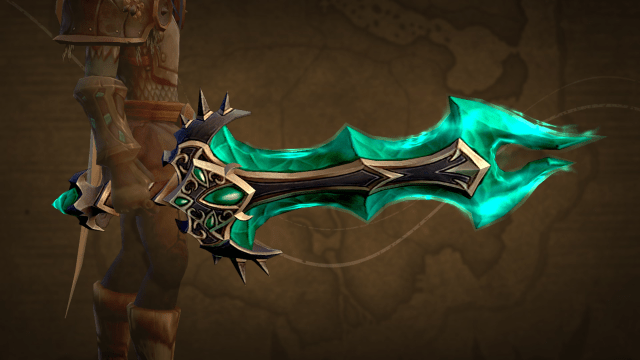 WoW character holding Aquamarine Felfire Splitblade transmog from the Trading Post