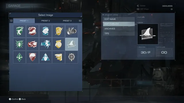 Emblem customization options in Armored Core 6.