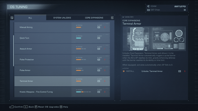Displays the description for OST Terminal Armor in AC6.