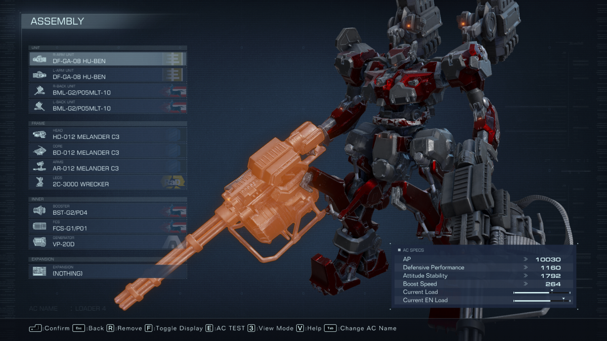 Image displays the Armored Core 6 Assembly Menu, with the Right Arm Slot highlighter.
