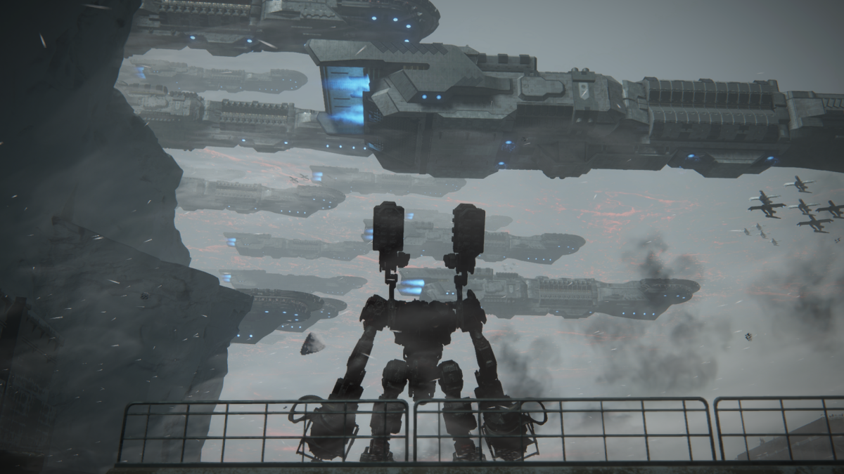 Displays a cutscene of the player's AC looking up at a PCA ship in Armored Core 6.