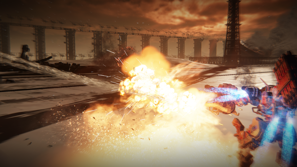 Displays a very fiery conclusion to a battle in Armored Core 6.