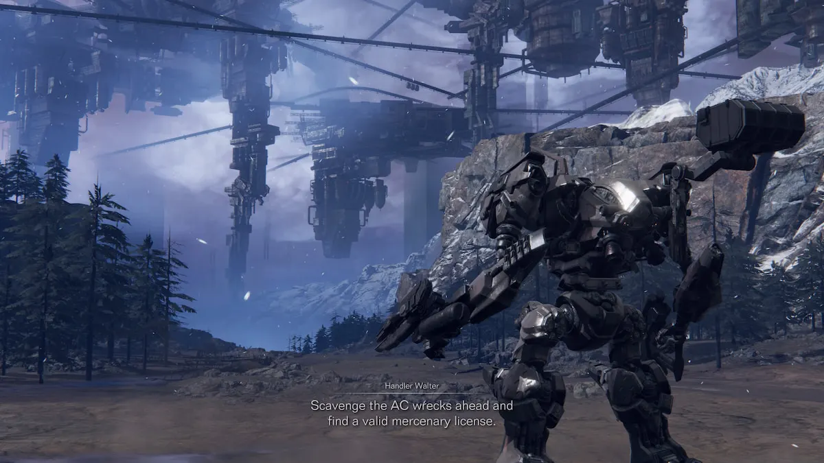 An Armored Core mech in the first level of AC6