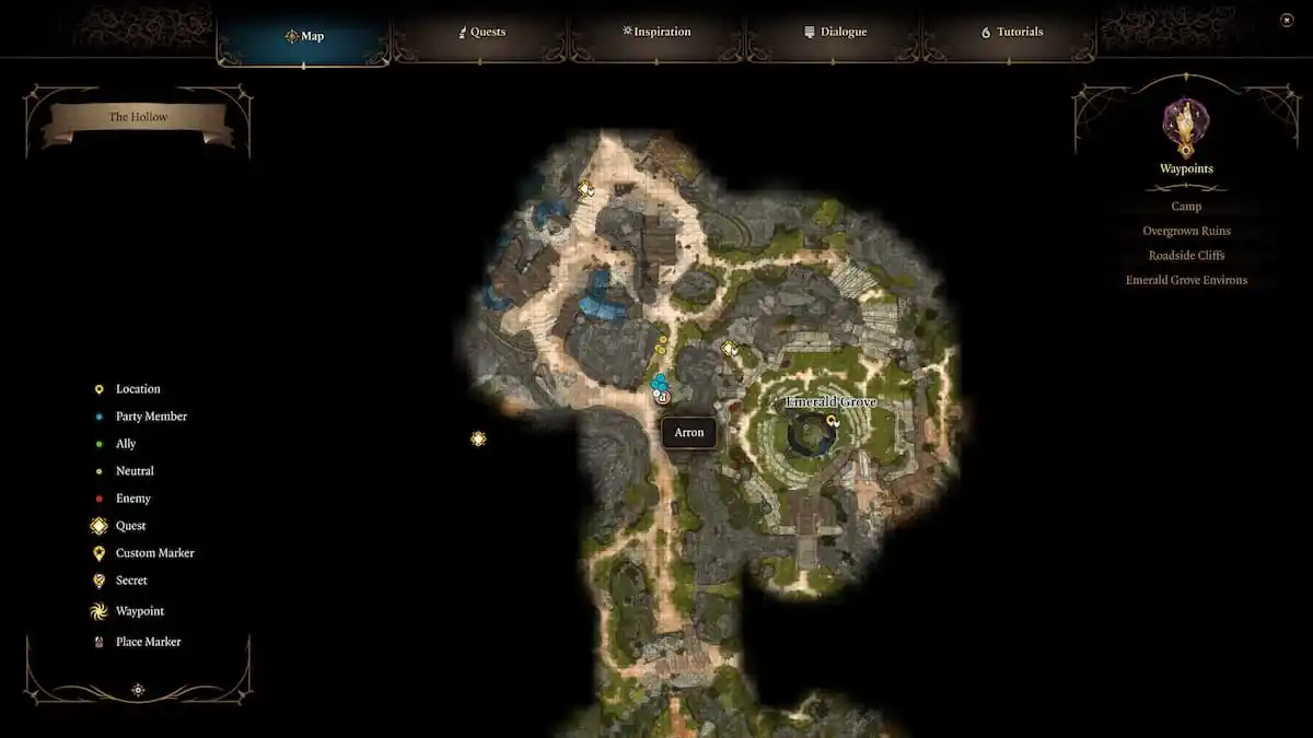 Arron's location at the Emerald Grove in Baldur's Gate 3.