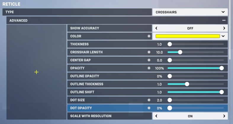 Screenshot of best crosshair for Ashe from Overwatch 2
