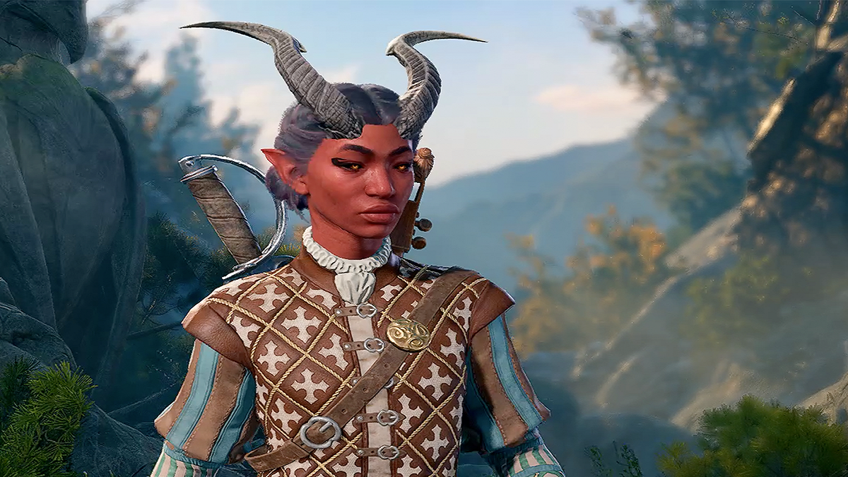 An image of a Tiefling Bard character in the character creation scene of Baldur's Gate 3.