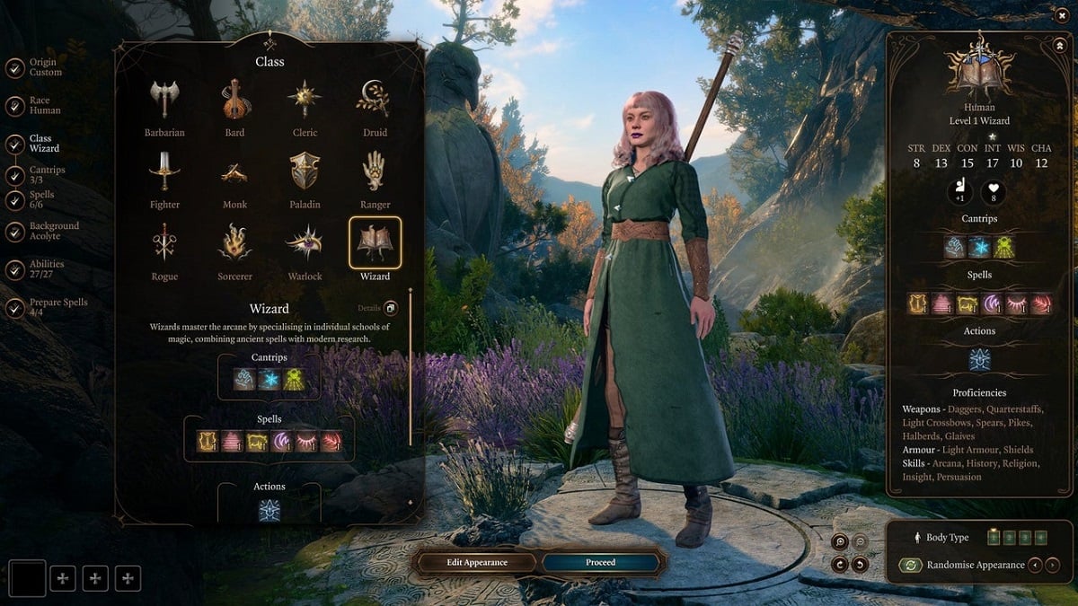 An image of a female wizard in the character creation menu of Baldur's Gate 3.