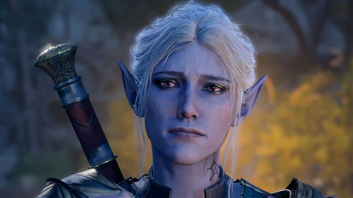 Minthara, a purple-skinned Drow from Baldur's Gate 3, stares at the player.