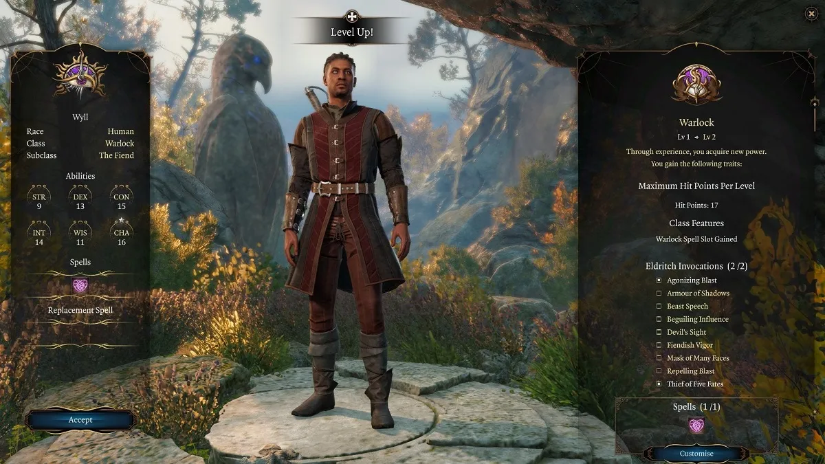 An image of the character Wyll leveling up in Baldur's Gate 3.