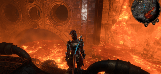 Image displays Karlach standing over the lava in Grymforge.