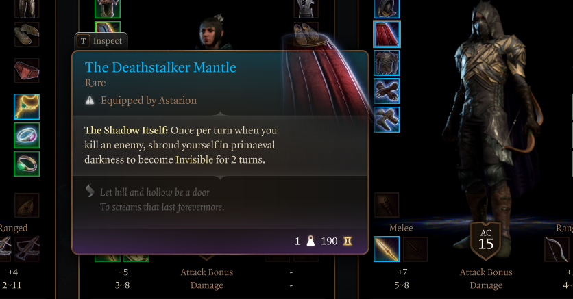 Image displays the description for the item The Deathstalker Mantle in Baldur's Gate 3.