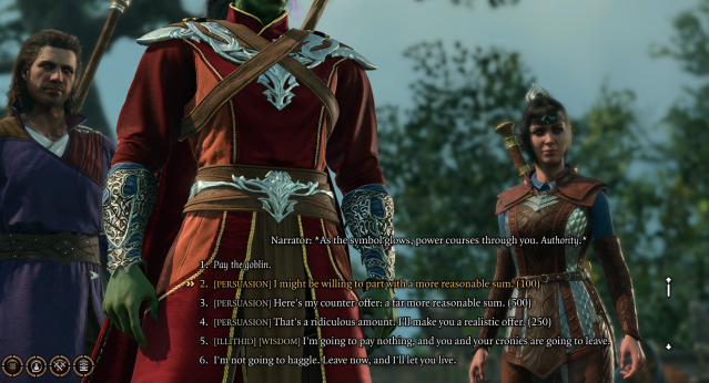 Displays dialogue options during a conversation with Fezzerk in Blighted Village.
