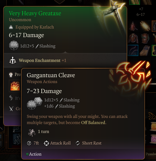 Displays the description for the item "Very Heavy Greataxe in Baldur's Gate 3.