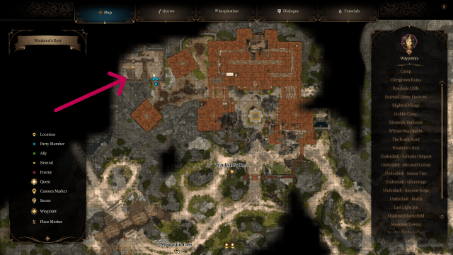 Image displays Waukeen's Rest, with an arrow pointing out the entrance to Zhentarim Hideout.