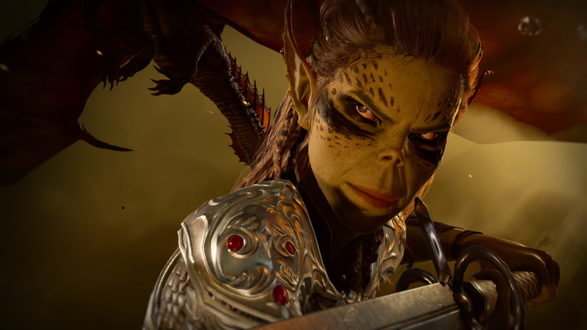 The Githyanki Warrior Lae'zel holds a sword towards the viewer. She has black eyeliner under her eyes. The background depicts a smoggy yellow sky in BG3.