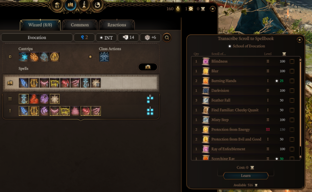 Displays a list of spells available to learned from Scrolls via an ingame menu in Baldur's Gate 3.