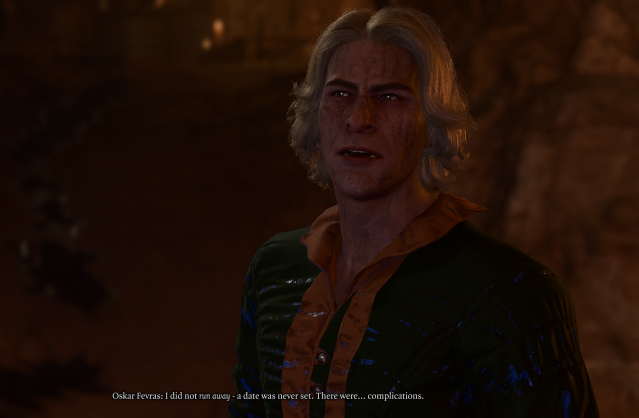 Image displays Oskar during a dialogue with the player in Baldur's Gate 3.